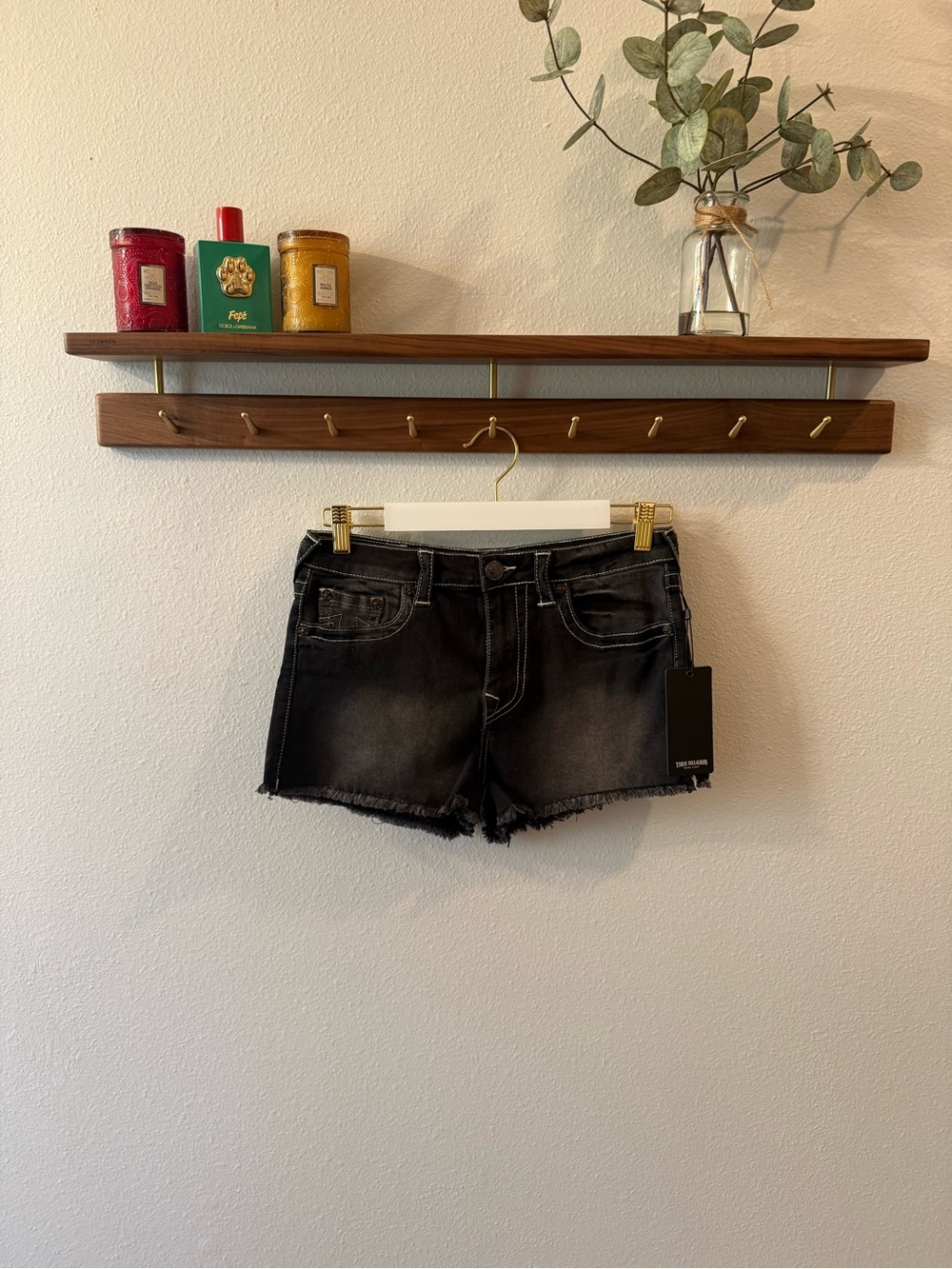 True Religion Black Fade Frayed Hem Jean Shorts